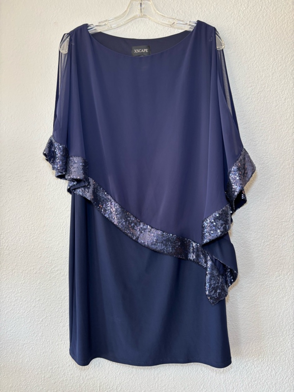 Xscape Chiffon Sequins Capelet Shift Dress Size 10 Navy Formal Party Wedding - Picture 2 of 12